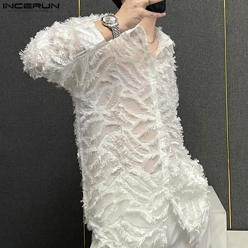 INCERUN Tops 2024 Korean Style Men\'s Hollow Plush Tassels Perspective Design Shirts Casual Streetwear Long Sleeved Blouse S-5XL