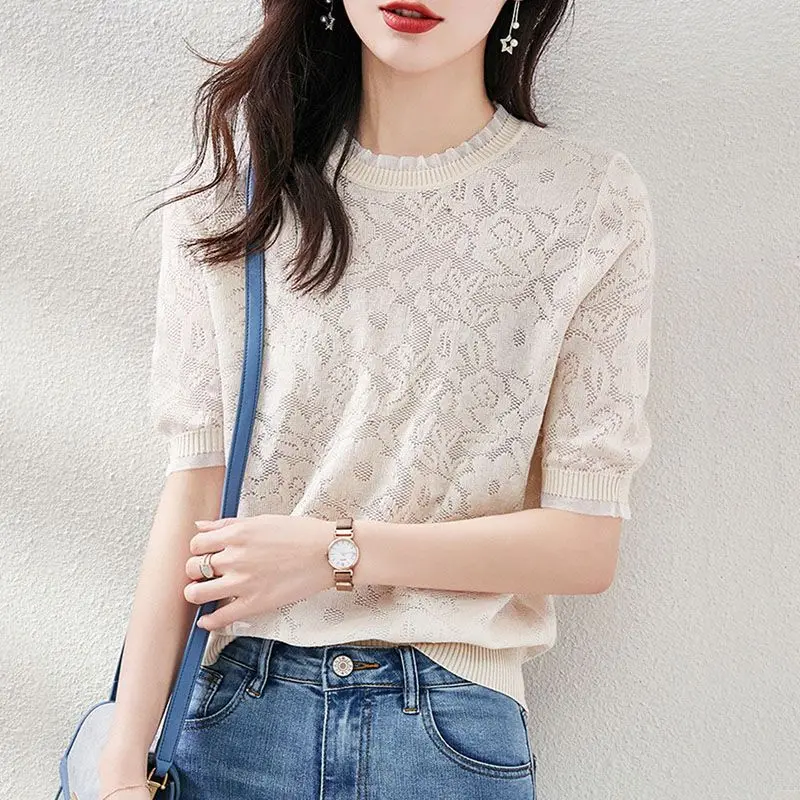 Women Lace Edible Tree Fungus Hollow Thin Elegant Knit T-shirt Summer Korean Style Female Sweet Chic Short Sleeve Pullover Tops