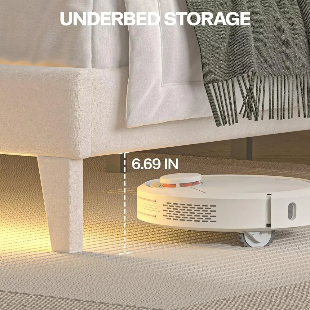 Estrutura de cama grande com luzes LED, plataforma de veludo macio, estrutura de cama com botão, cabeceira traseira de asa capitonada e estribo