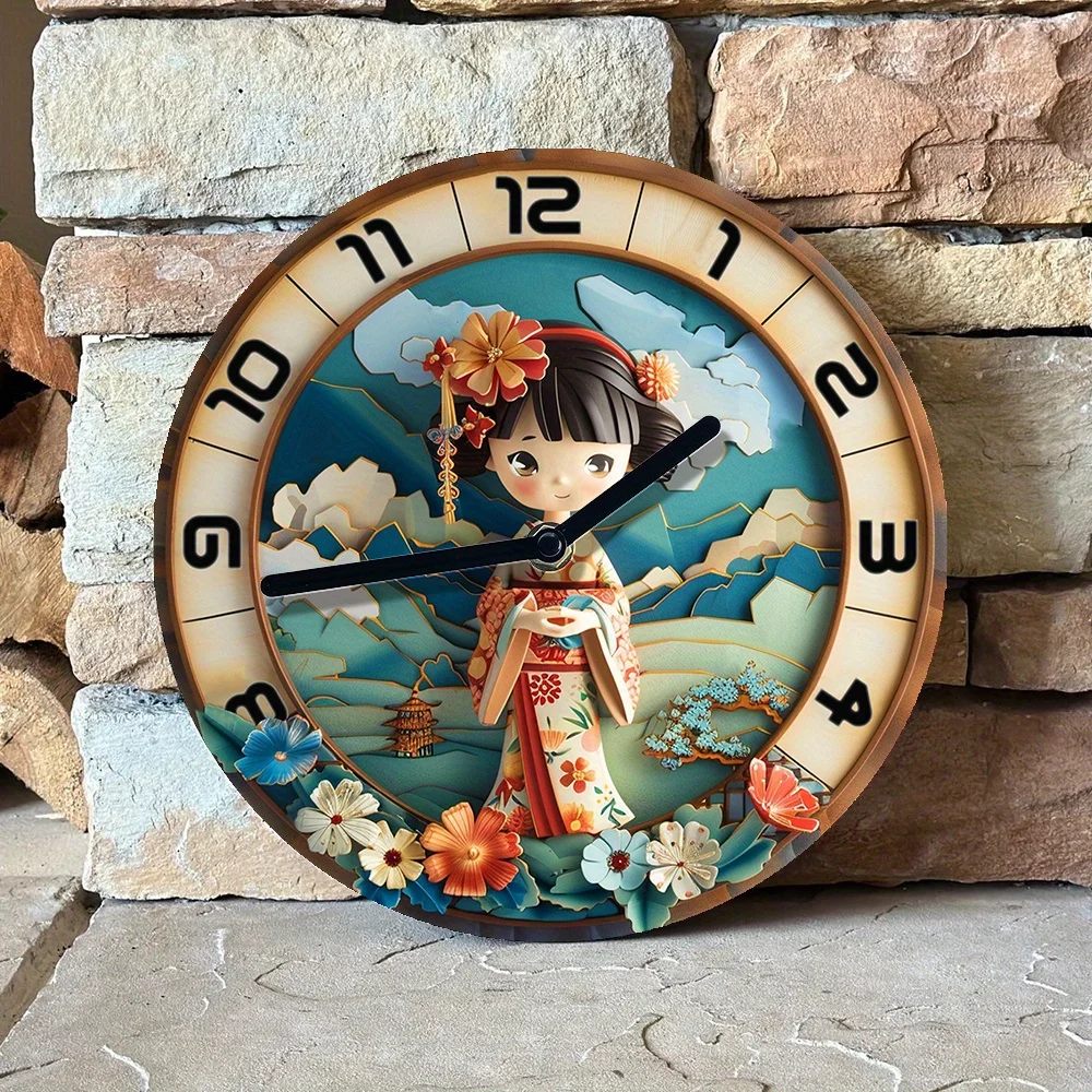 Silent Aluminum Wall Clock with Japanese Kimono Design- Diy,Spring-Loaded for Kitchen & Halloween Decor Wall Clock Modern Design