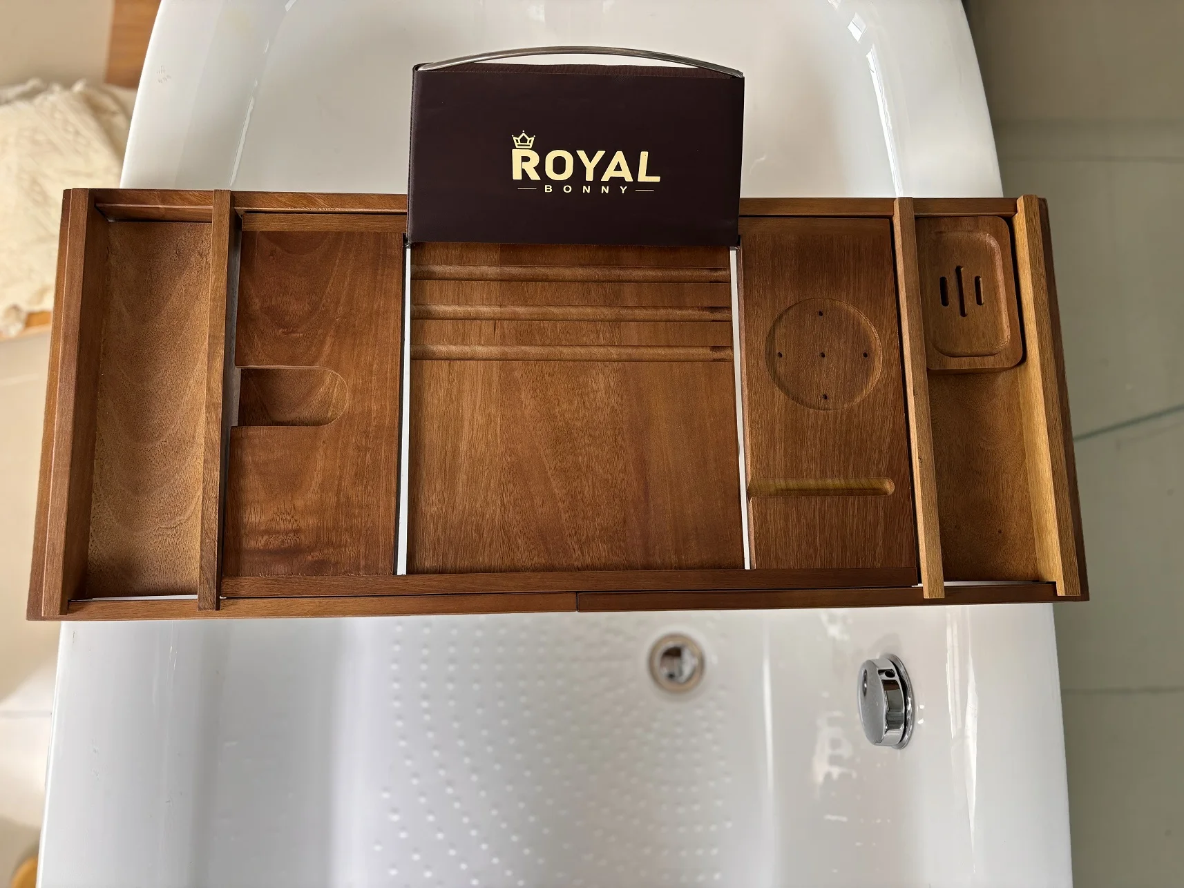 Adjustable Wooden Bathtub Tray with Extendable Design - Natural Teak Bath Caddy for Books, Wine & Tablet, Fits All Bathtubs