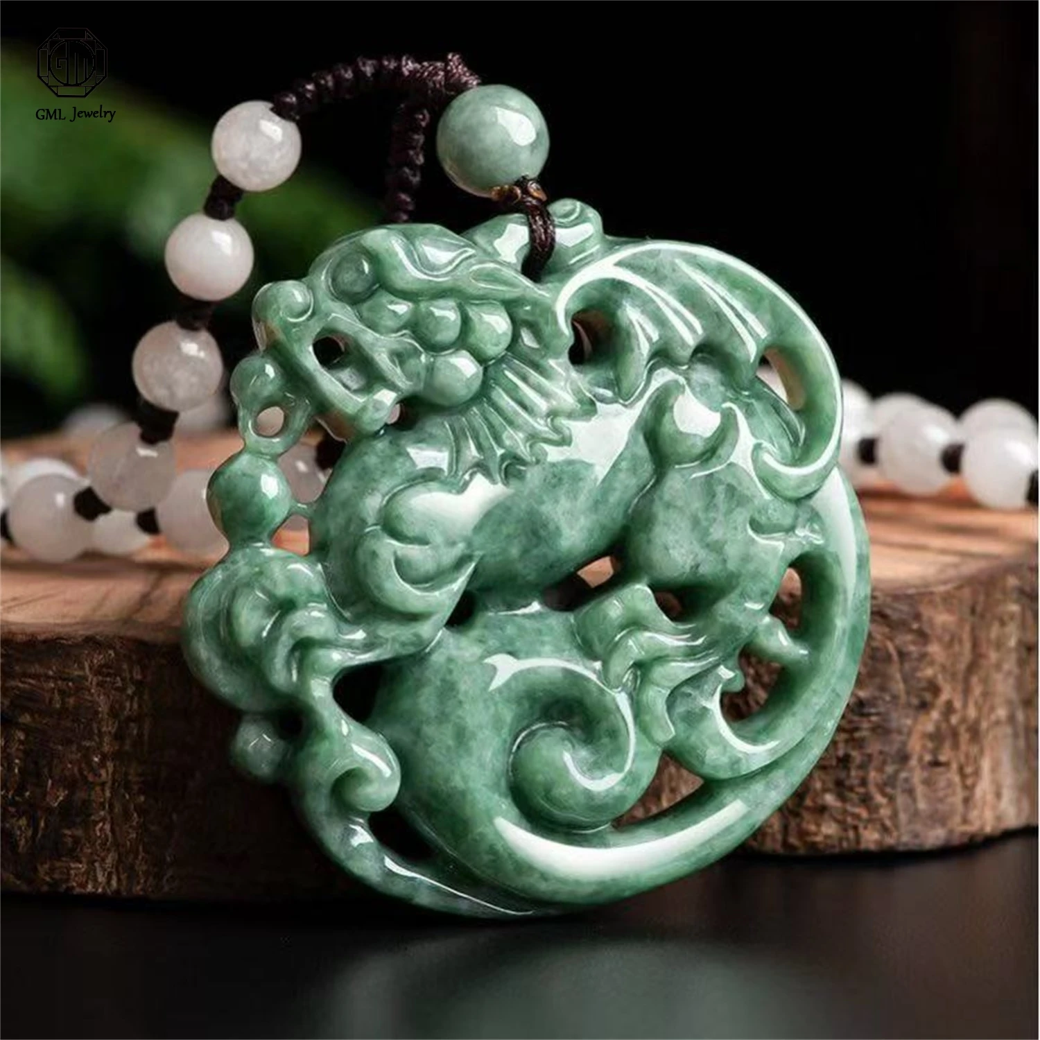 Natural Grade A Jadeite Ruyi Kylin Openwork Pendant Unisex Men Women Gemstone Necklace Rabbit Moon Pendant Jewelry Gift