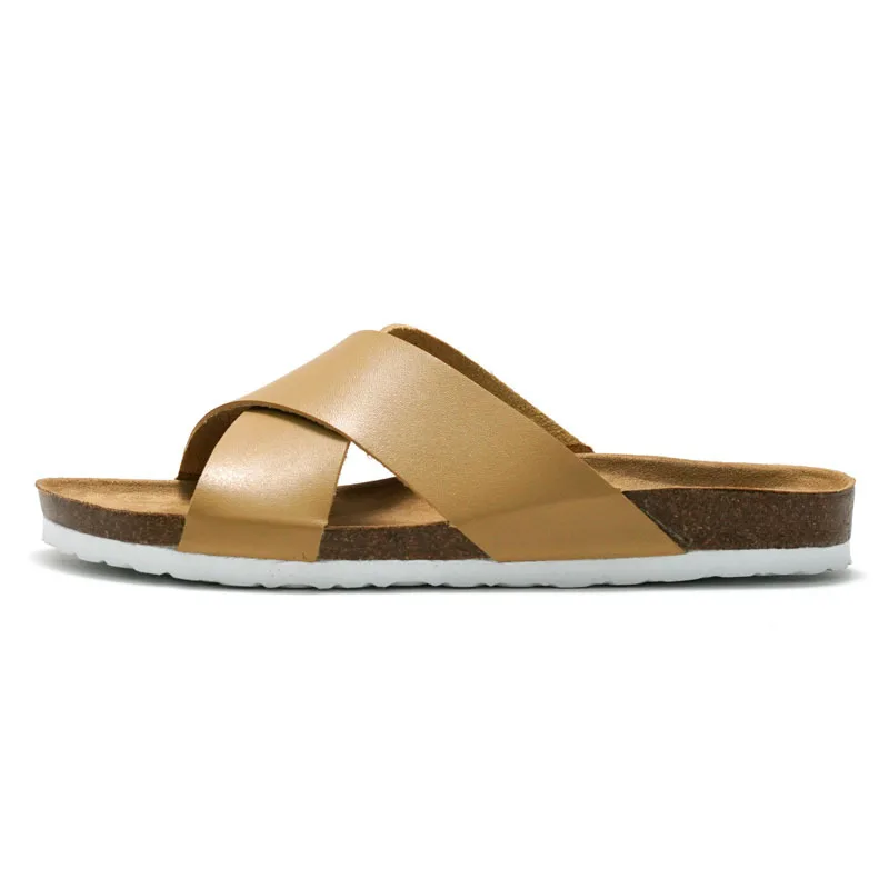 

Fashion Men Beach Cross Cork Slippers Summer Unisex Solid Color Non-slip Outside PU Leather Slide Shoes
