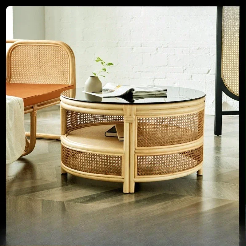 European light luxury rattan storage coffee table, household living room round table, B & B Indonesia real rattan