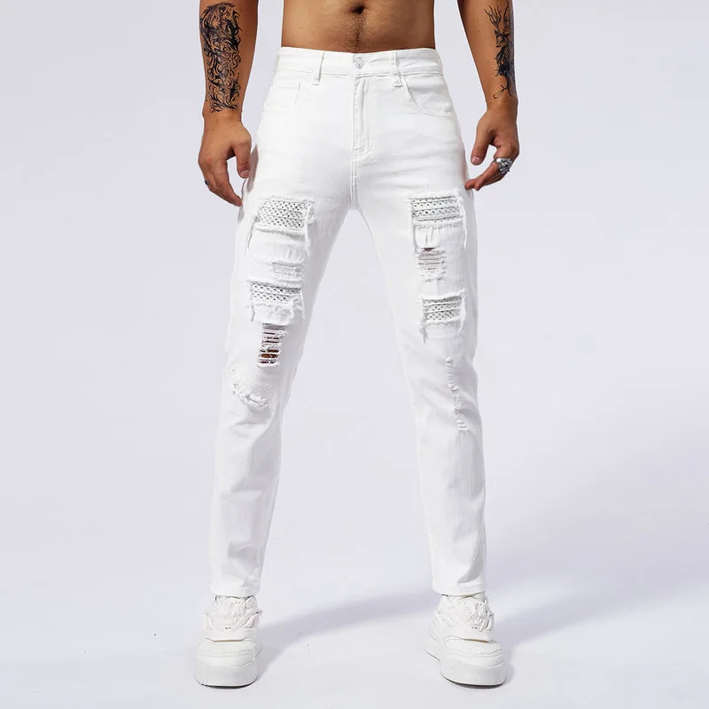 

SALEISI Men's White Denim Jeans,Fashion Long Pants, Menswear streetwear Ripped Cowboy trousers For Winter And Autumn