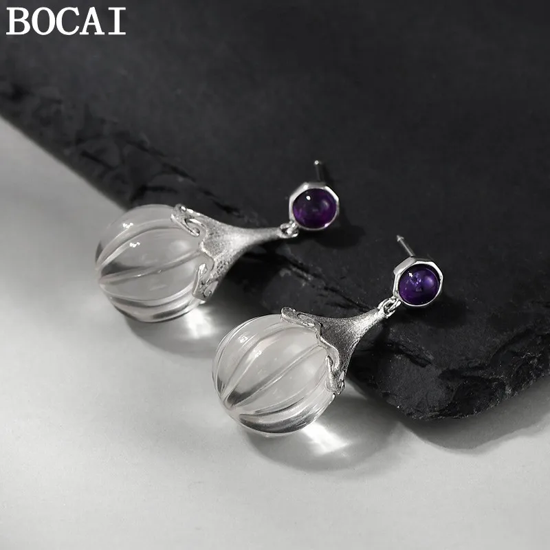 BOCAI S925 Silver Charms Studs Earrings for Women Pumpkin Beads White Crystal Amethyst Ear Studs Fashion Jewelry Wholesale