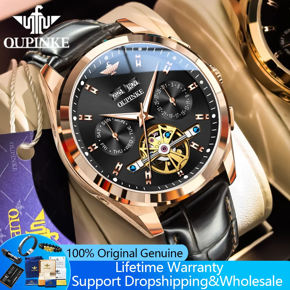 

Мужские автоматические часы OUPINKE с обновленным дизайном, ремешком из натуральной кожи, элегантные, роскошные, с механическим скелетонизированным механизмом и индикатором запаса хода, для делового стиля.