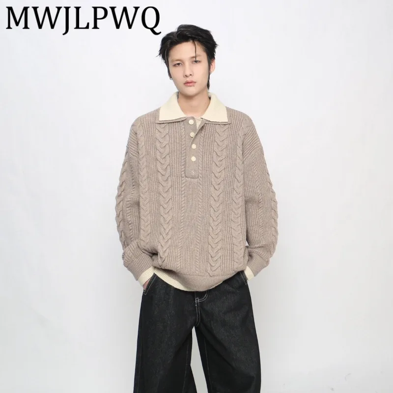 

MWJLPWQ Американский стиль, искусственный двухсекционный дизайн, лоскутный вязаный свитер с воротником для мужчин, ленивый элитный свободный пуловер, трикотаж 21716