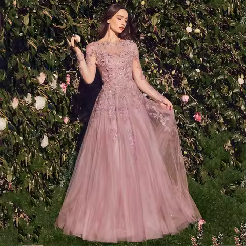 Customized Elegant Prom Dress Women's Evening Party Dresses Tulle Long Sleeves Lace Applique for Special Occasions