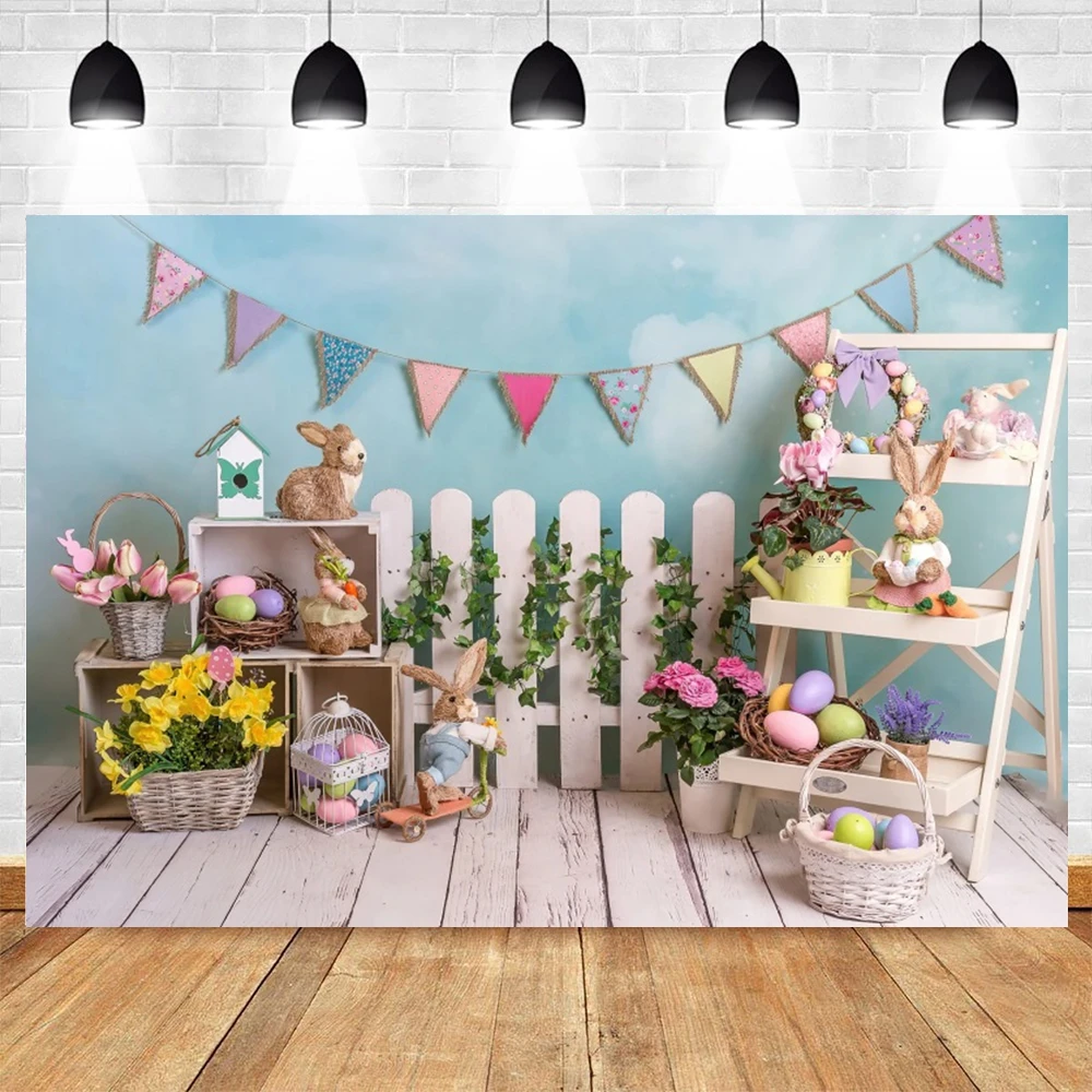 Fondos de Pascua de primavera para fotografías, huevos de conejo, tablero de madera de flores, decoraciones de cumpleaños para niños, telón de fondo para fotomatón de Baby Shower