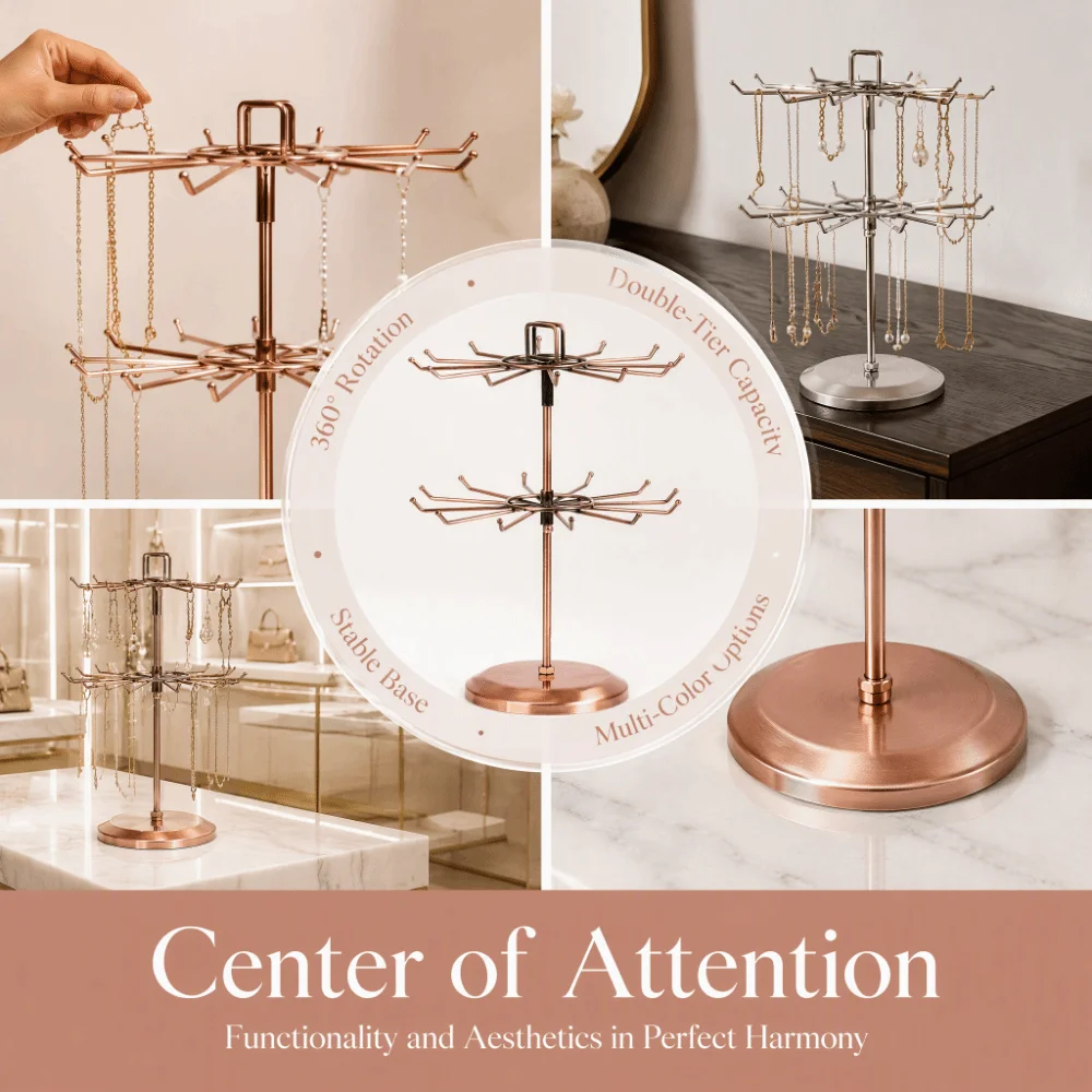 2-tier-design-jewelry-organizer-stand-iron-material-rotatable-rotating-jewelry-holder-round-shape-hooks-included