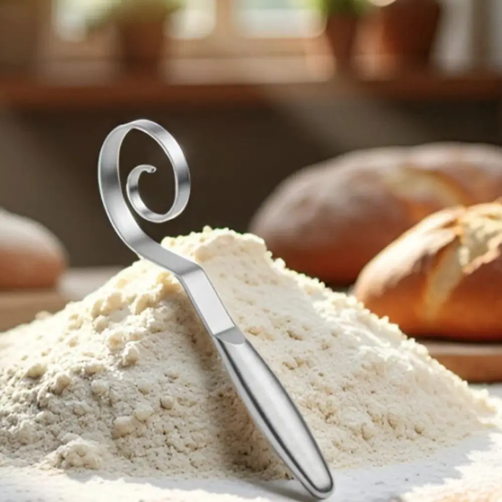 Stainless Steel Danish Spiral Dough Whisk Manual Seamless Dough Mixer Comfortable Grip Handle Dishwasher Safe Egg Whisk Pizza