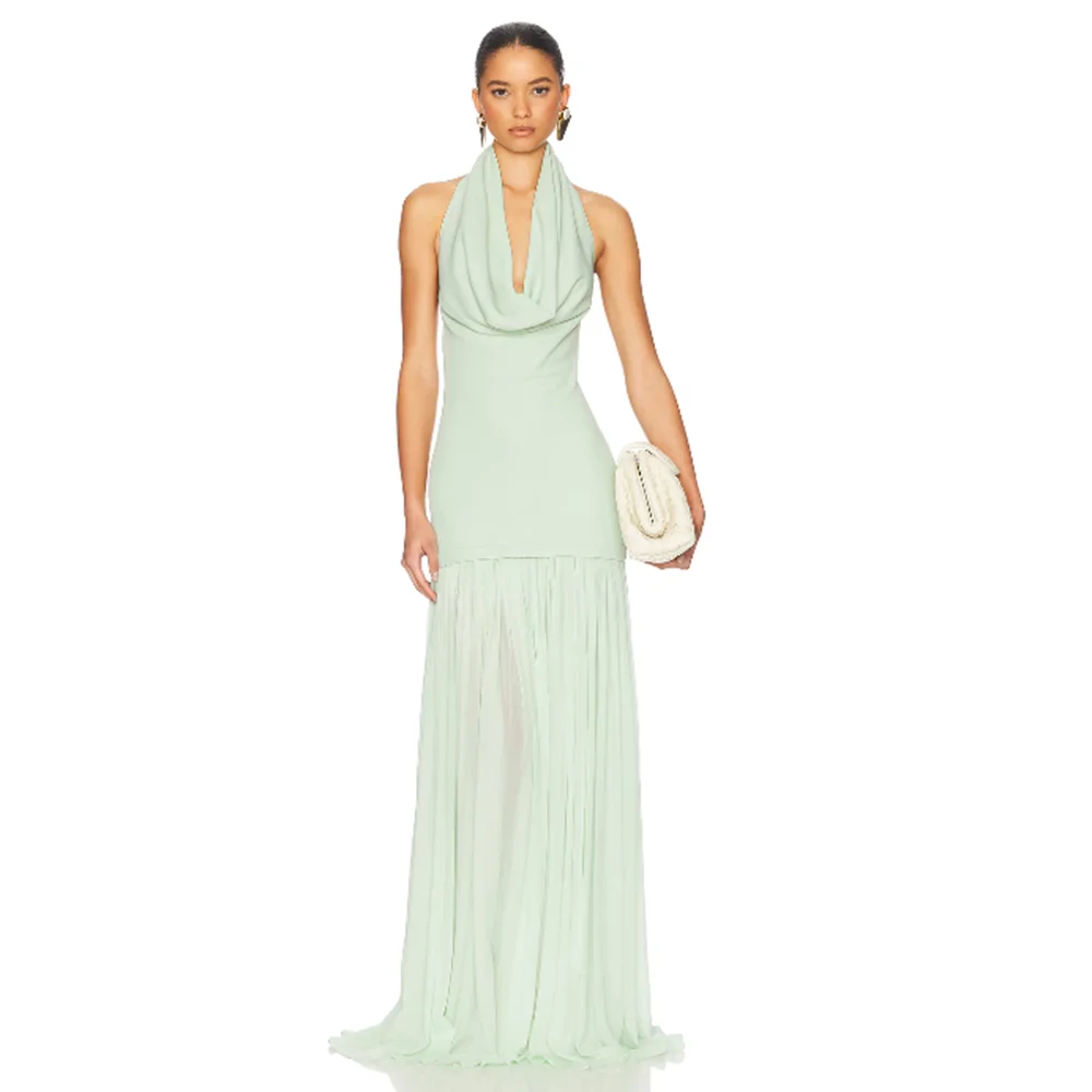 2025 Women's Mint Green Halter Cowl Neck Maxi Dress - Elegant Evening Party Formal Gown Slim Fit Chiffon Prom Dress
