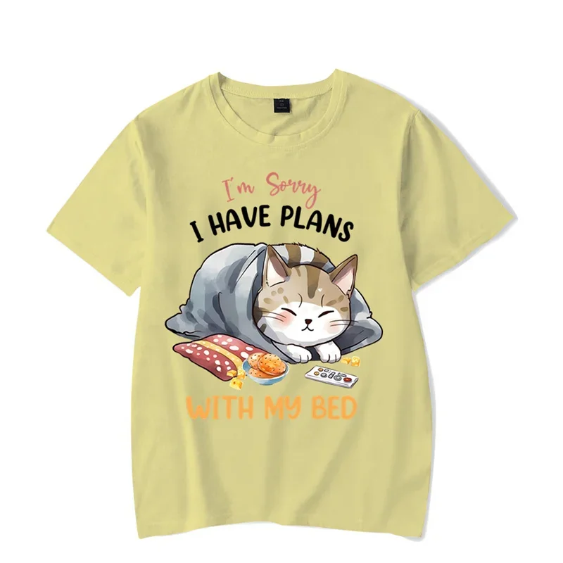 I\'m Sorry I Have Plans with My Bed Graphic T Shirts Funny Lazy Cat Tshirt Tops Fashion Harajuku T-shirts Women Men Brand T-shirt