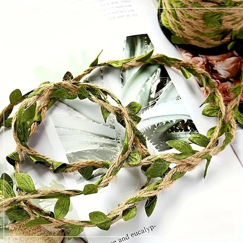 1 Roll Natural Jute Hemp Rope with Green Leaf Design, Heavy Duty Rustic Twine for Gardening, Crafts, DIY, Gift Wrapping Decor
