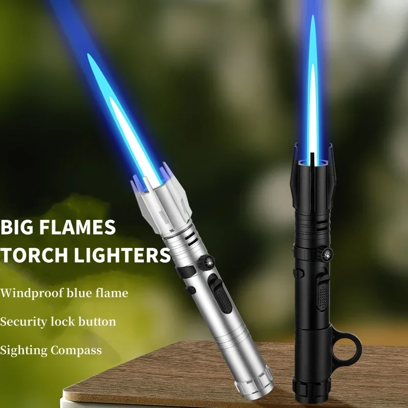 New Space Aluminum Alloy Material Big Flame Blue Torch Butane Gas Lighter with Compass Cigar Outdoor Adventure Men's Tool