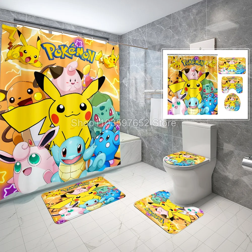 Pikachu Pokemon Anime 3D Printing Shower Curtain Set Shower Curtain Bath Drapes Set Bathroom Mat Toilet Home Decor Kids GIfts