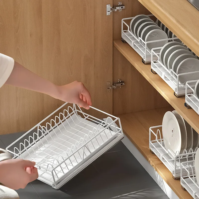 1pc Pull-out Kitchen Bowl Dish Storage Rack Built-in Bowls Dishes Partition Storage Sink Cabinet Organizer Tableware Holder