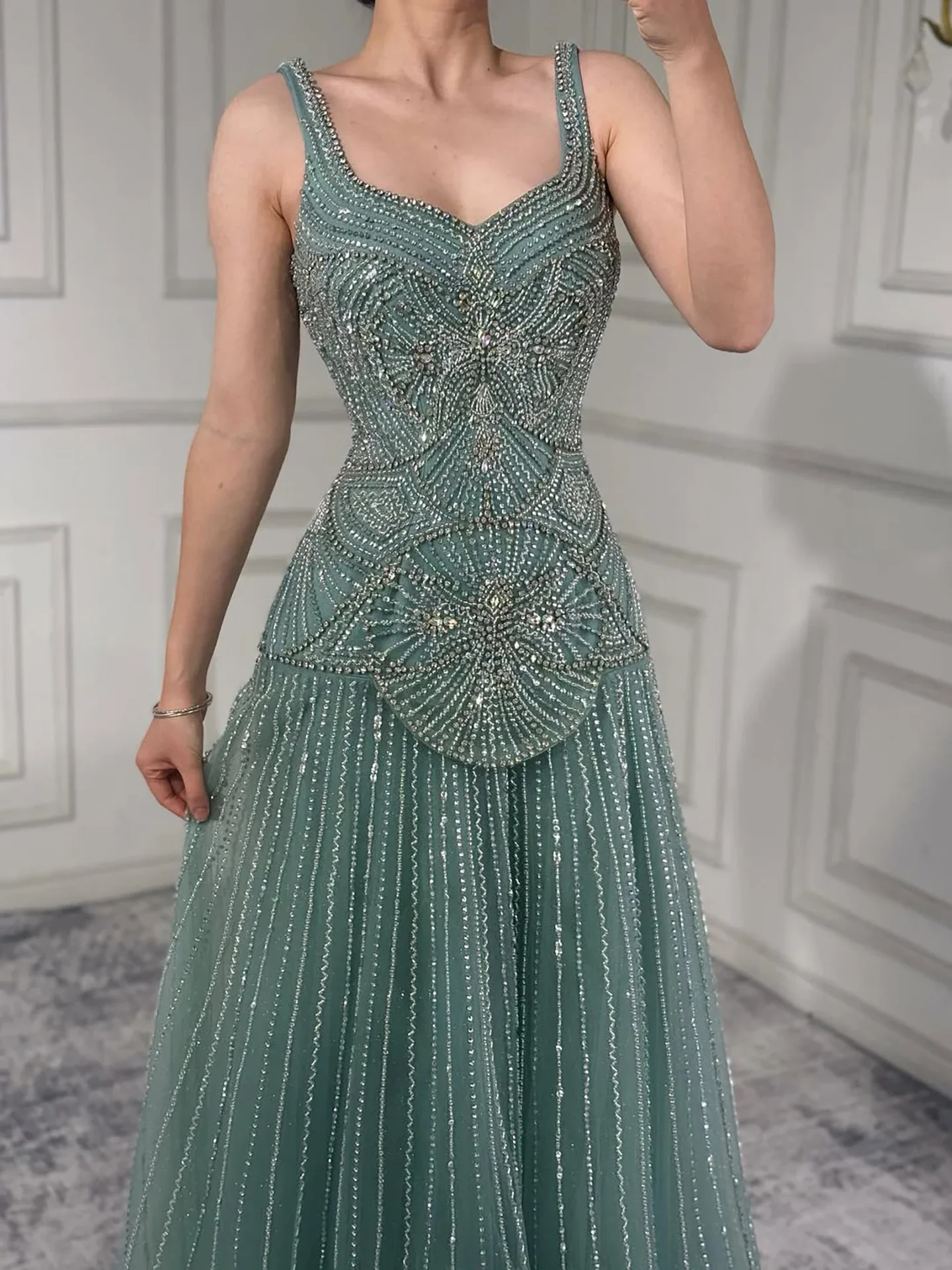 Aenyrst Luxury Spaghetti Strapless Sequins Elegant Beaded A-Line Evening Dress Formal Party Gown Exquisite Customized image 2