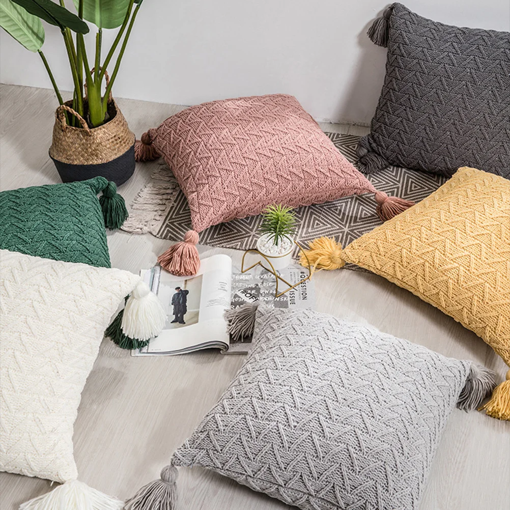 

Chenille Knitting Pillowslip Nordic Tassel Pillowcase Soft Comfortable Home Decor Square Cover Pink Throw Pillow Cases