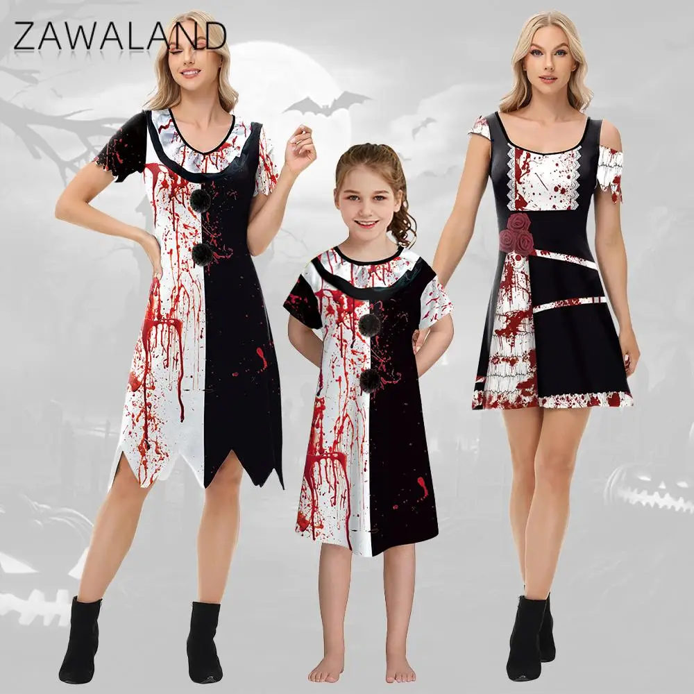 Zawaland Halloween Scary Horror Bleed Print Clown Costumes Women Kid Cosplay Terrifier 3 Party Disguise Clown Clothes Dresses