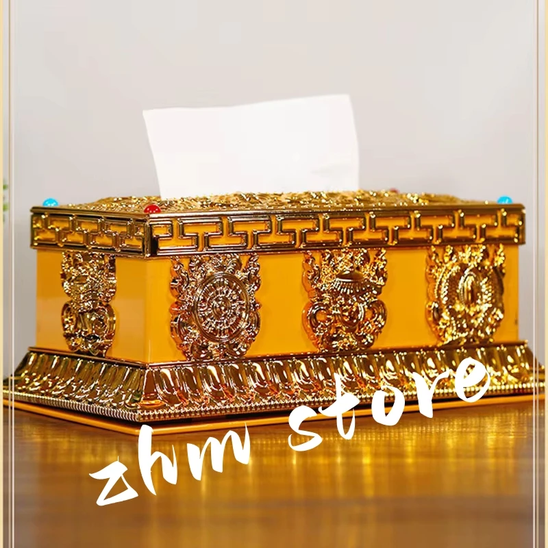 26.6cm Tibetan Eight Treasured Gold/Silver Home Putting Auspicious Alloy Resin Car Decorate Tissue Paper Box