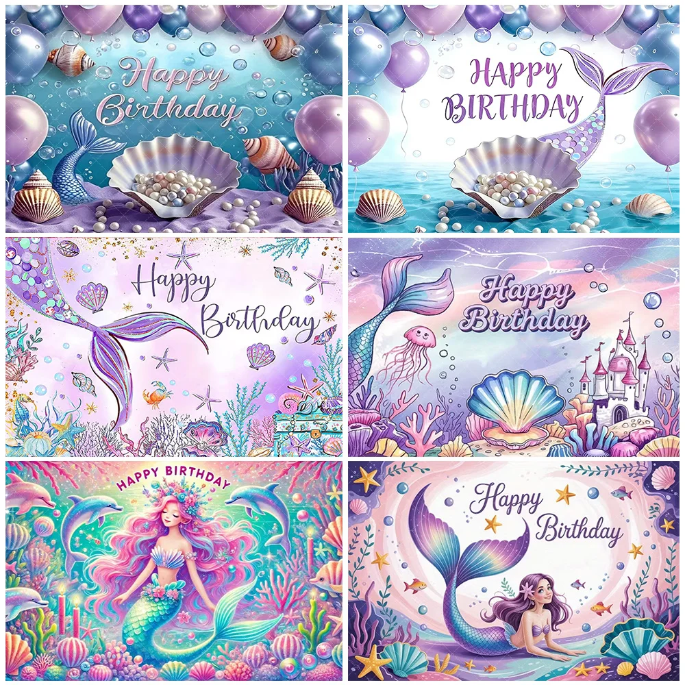 

Dreamy Mermaid Theme Background Girl's Happy Birthday Party Decorations Shell Pearls Backdrop Baby Shower Supplies Banner Gifts