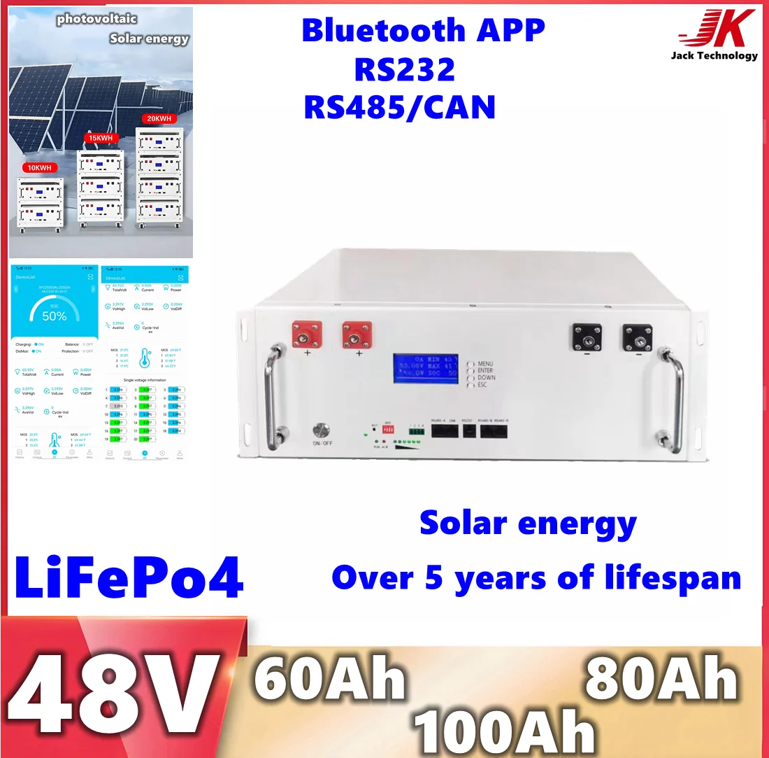 

JK 48V 100Ah 5KW Lifepo4 60Ah 80Ah Lithium Iron Phosphate Solar Battery Max 32Parallel with CAN RS485 RS232 for Solar System RV