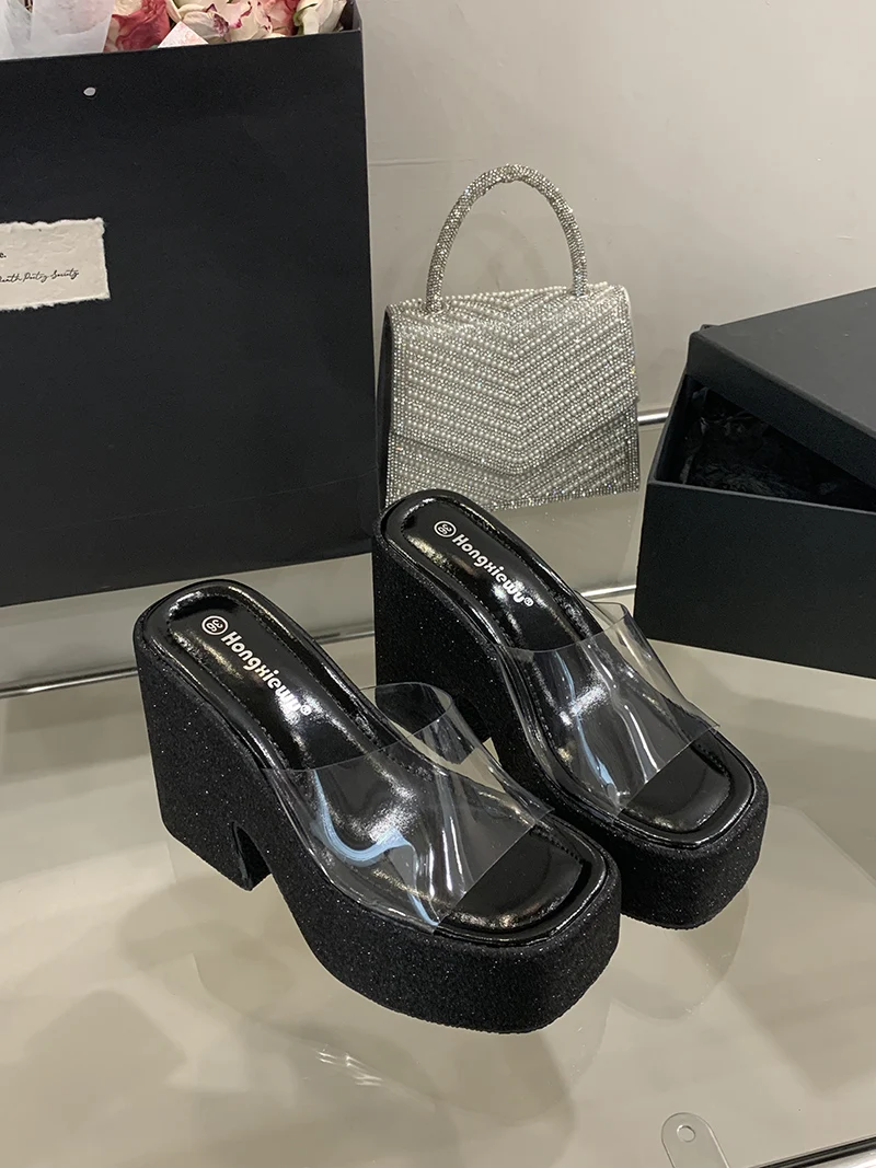 Pink Platform Heels Slippers 12cm Chunky Heeled Sandals For Woman PVC Clear Block Shoes Silver Summer Sandals Ladies Sandales
