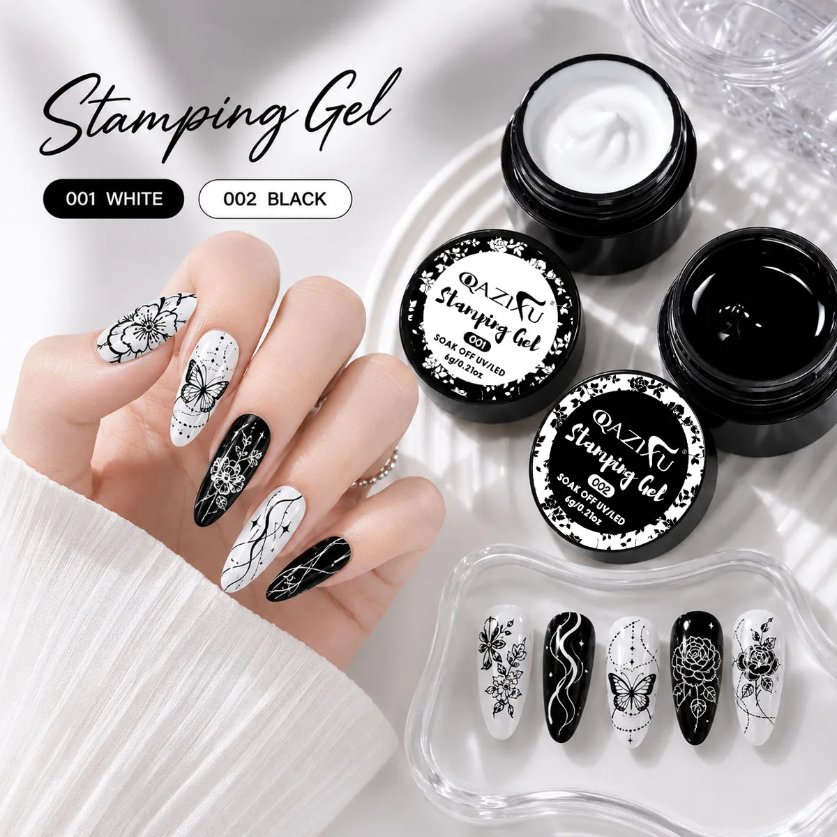 QAZIXU Black & White Stamping Gel Polish Set Transfer Nail Art for Plate Design Semi Permanent Soak Off UV LED Manicure Tool