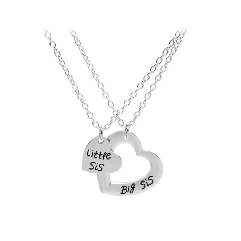 Delysia King New 2pcs Heart Necklace Matching ''Little Sister Big Sister'' Trendy Gift (Color: Silver)