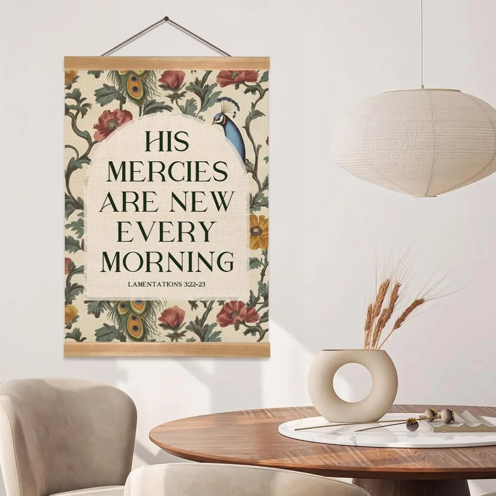 Christian Poster  Art , Christian Bible Verse His Mercies are Boho Wall Art Framed Decor for Bedroom Living Room Office