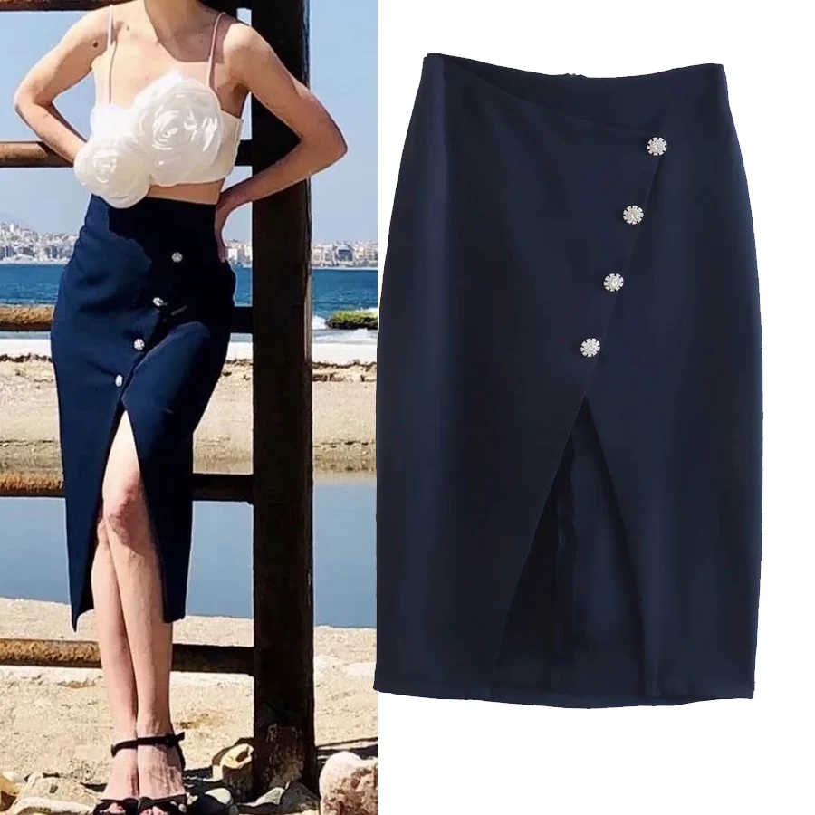 Fashionable Casual Mid-length Skirt with Jewelry Button Split Design Street Style mid Autumn Collection Women's Premium Skirts