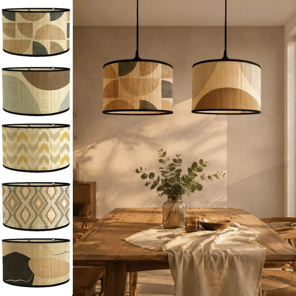 Handmade Bamboo Lampshade Hangable Long-Lasting Retro Lampshade Greenery Patterned Abstract Line Pattern Light Cover Hotel