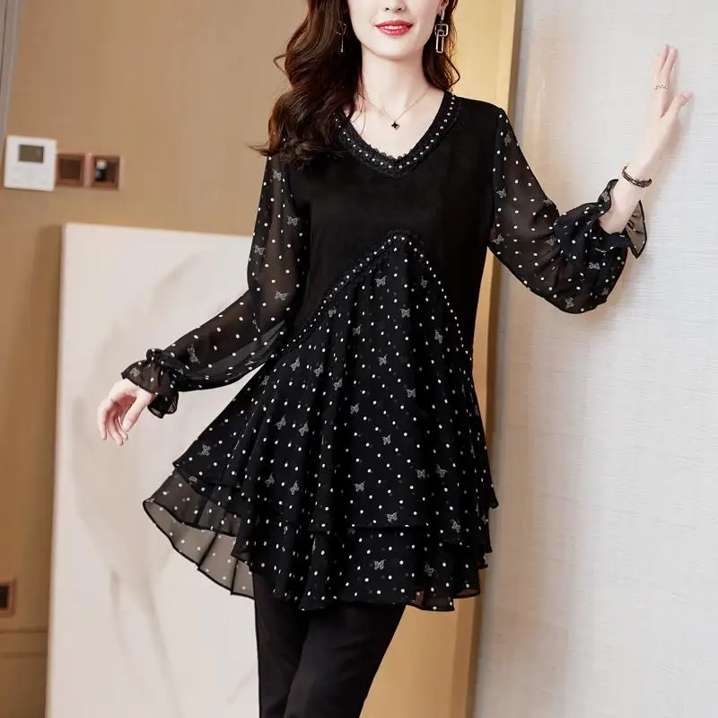 Spring New V-neck Fashion Long Sleeve Blouse Women High Street Casual Loose Polka Dot Printing Pullovers Elegant Mid-length Tops