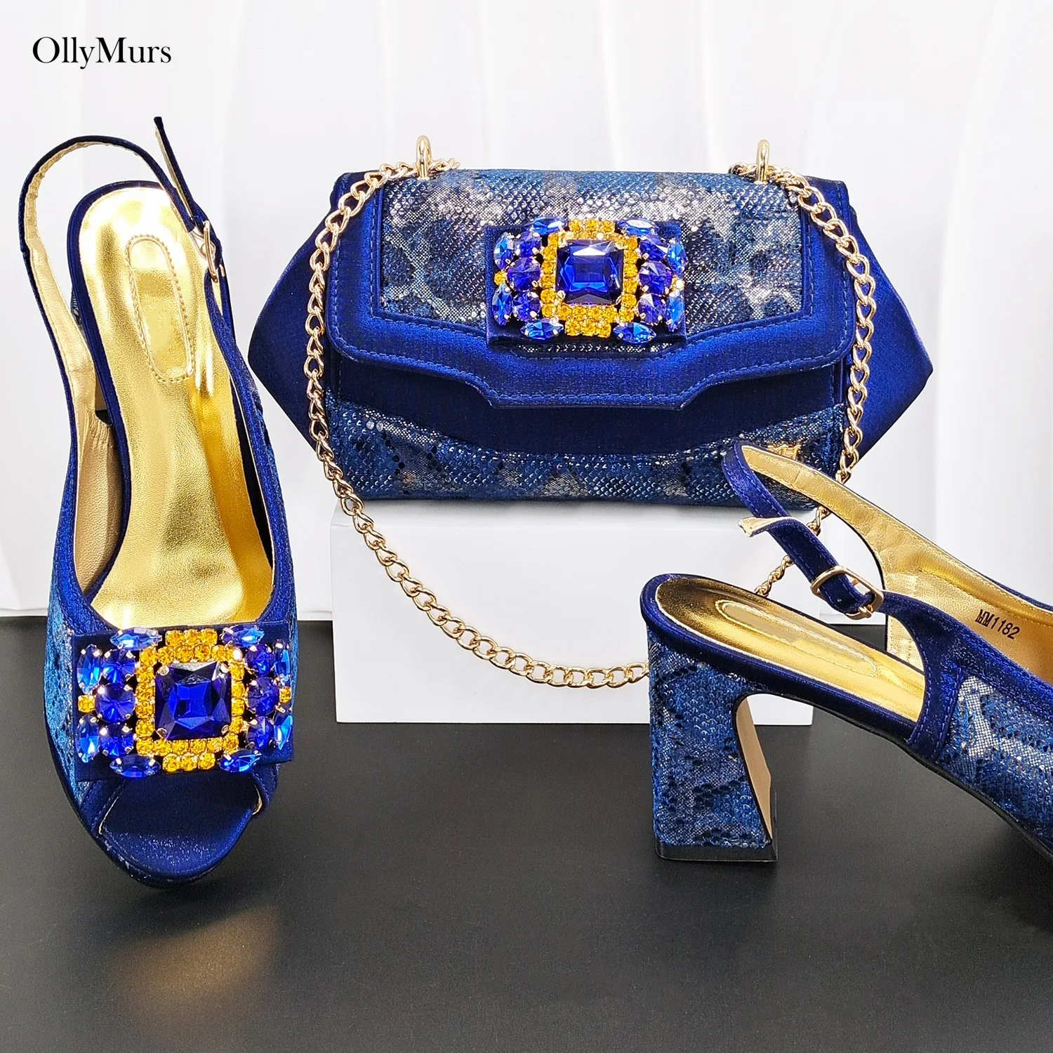 Italian Style Decorated With Rhinestone Shoes And Bag Set Summer Fashion Square Heels Shoes And Bag Set For Wedding Party