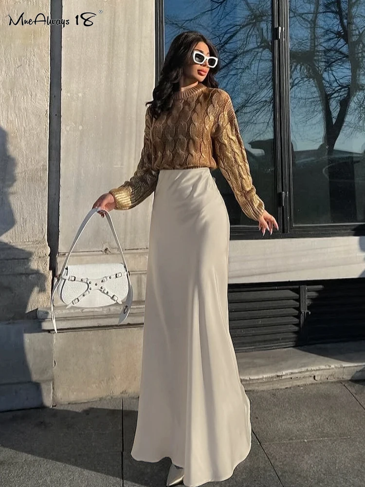 

Mnealways18 Beige Satin Floor-Length Elegant Skirts Women Office Solid Black A-Line Long Skirts High Waist Summer 2024 Zipper