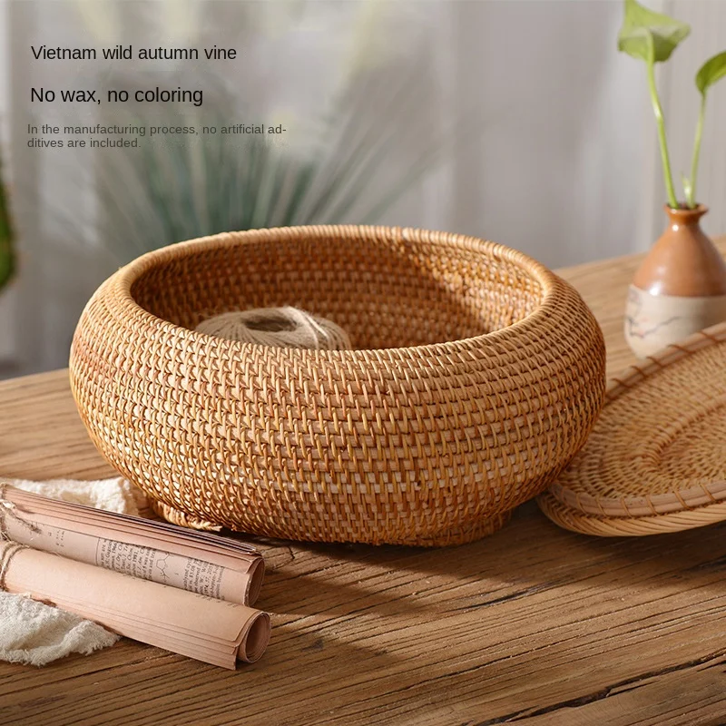 Hand-Woven Wicker Tray Round Rattan Boxes Multi-Purpose with Lid Picnic Food Bread Snack Fruit Table Storage Willow Basket