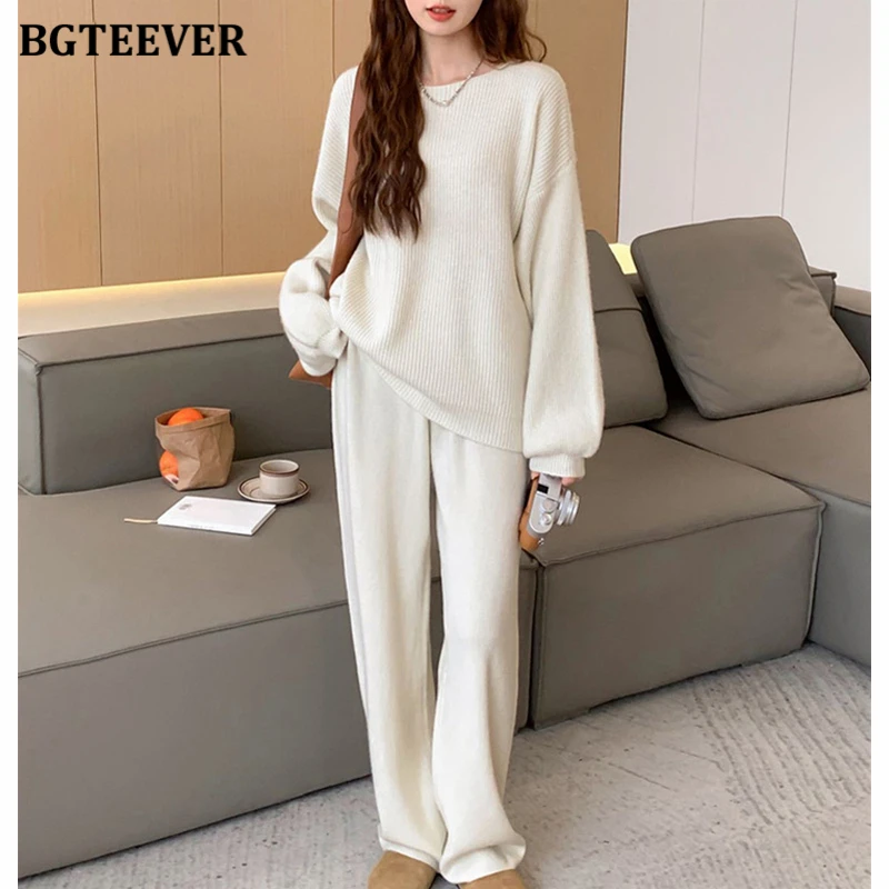 BGTEEVER Casual Ladies 2 Pieces Sweaters Set Long Sleeve Pullovers Tops & Wide Leg Trousers Autumn Winter Female Knitted Outfits