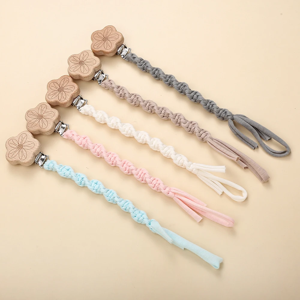 Flower Beech Wood Clip Baby Pacifier Clip Handmade Cloth Chain Newborn Pacifiers Clips Dummy Holder Teething Toys Nipple Chains