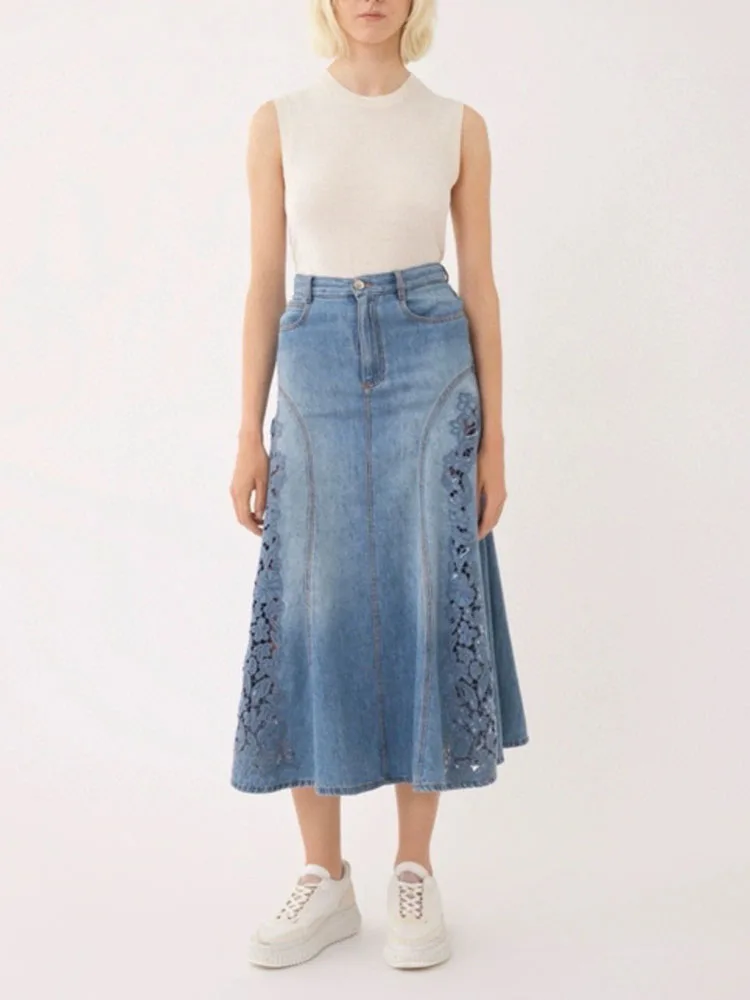 Skirt y2k spring and summer flowers hollow embroidery fishtail skirt denim cotton midi dresses2024 high-waisted skirts for women