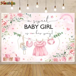 Mocsicka Baby Shower Backdrop Bunny Pink Flowers Sweet Baby Girl Welcome Party Decoration Newborn Background Banner Studio Props