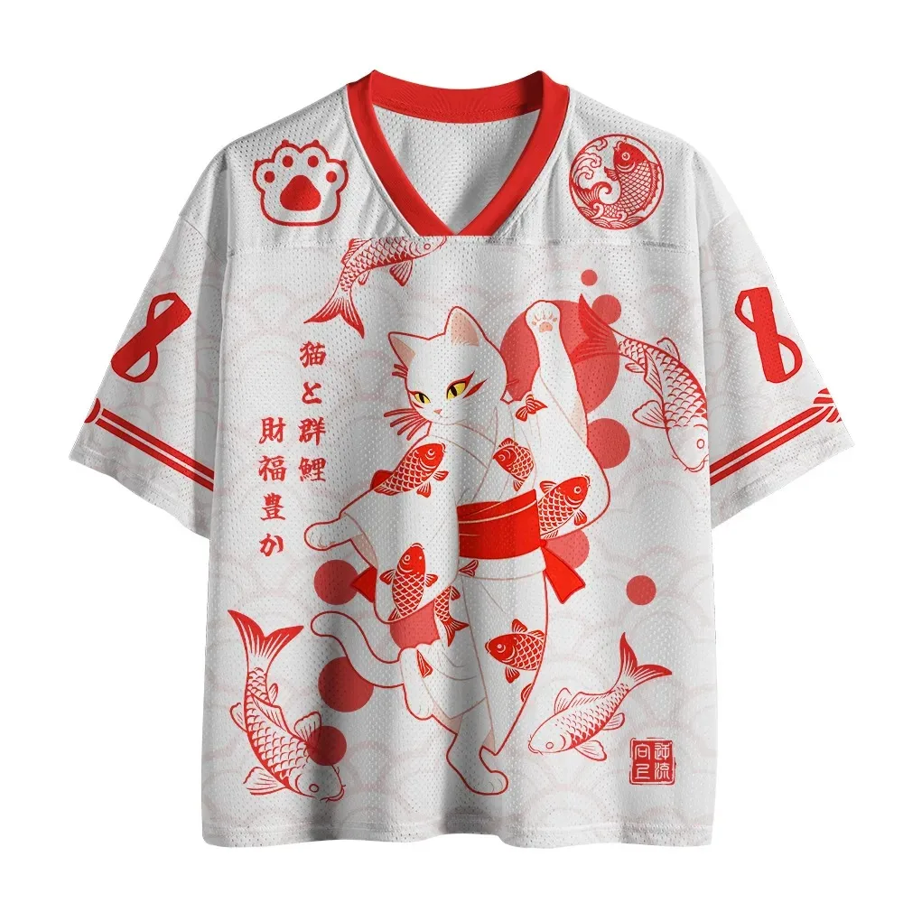 Lucky Cat & Koi Jersey-Style T-Shirt—featuring Lucky Cat, Koi,  Ocean Wave Motifs; V-neck; Oriental-inspired Casual Streetwear.