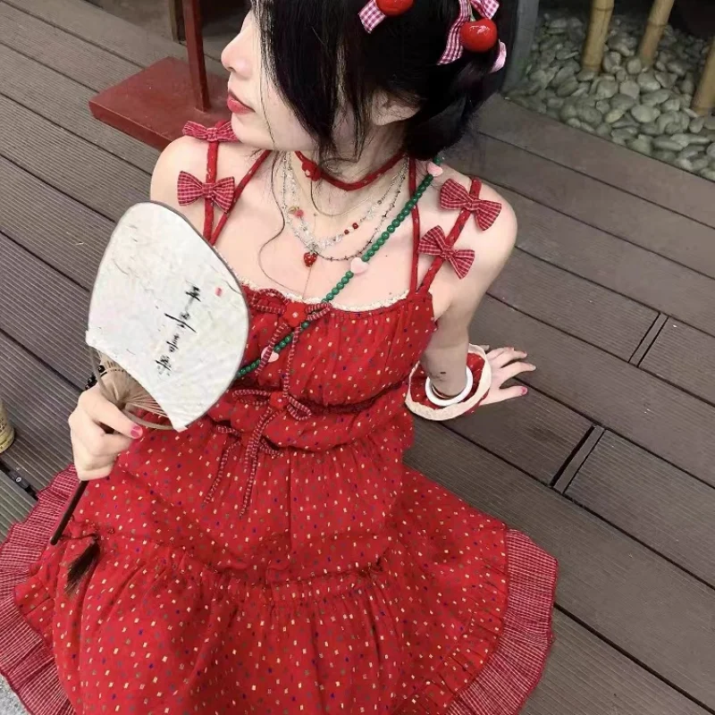 Red Dot Spaghetti Strap Dresses Women Vintage Mini French Style Sweet Lace Fashion Age-reducing Girlish Casual Ulzzang Elegant