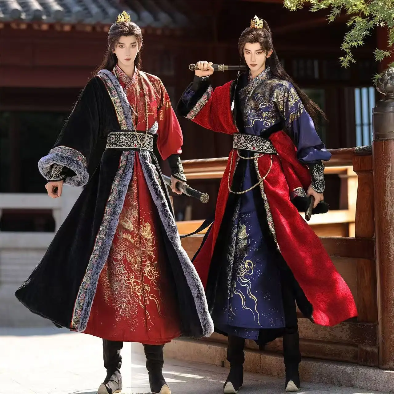 Original Hanfu Cloak Men Women Traditional Chinese Gold Woven Long Robe Festive Carnival Cosplay Costume Plush Edge Outer Cape