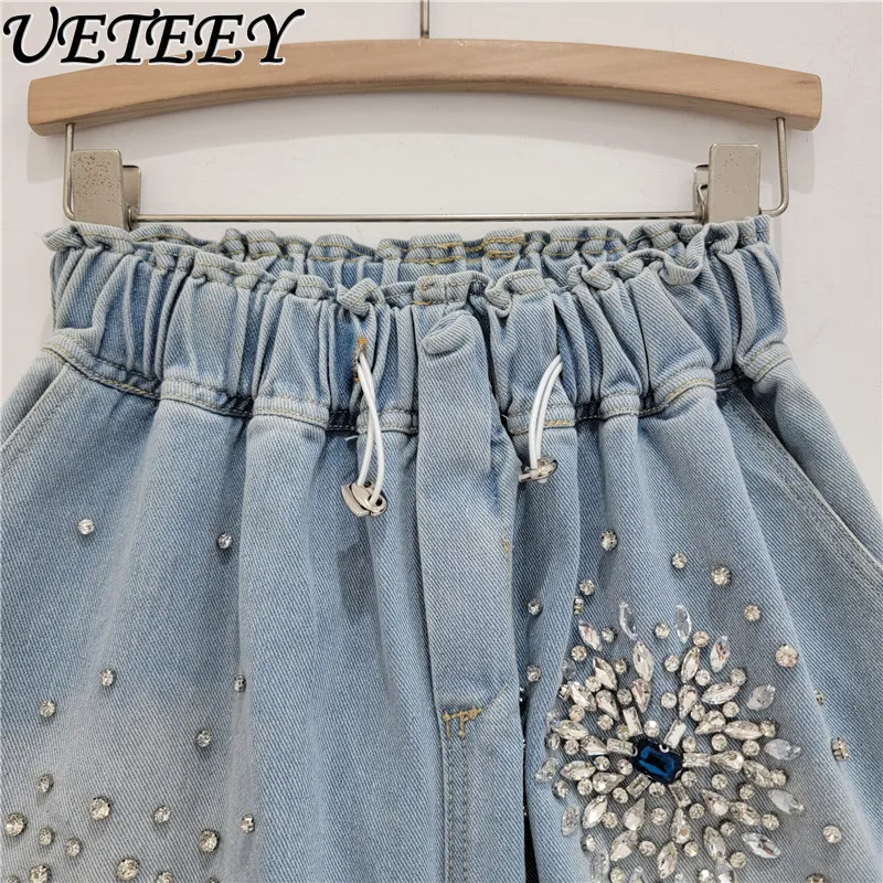 European Station Summer New Heavy Industry Fireworks Diamond High Waist Short Jeans Slimming Wide-Leg Denim Shorts Women's Pants