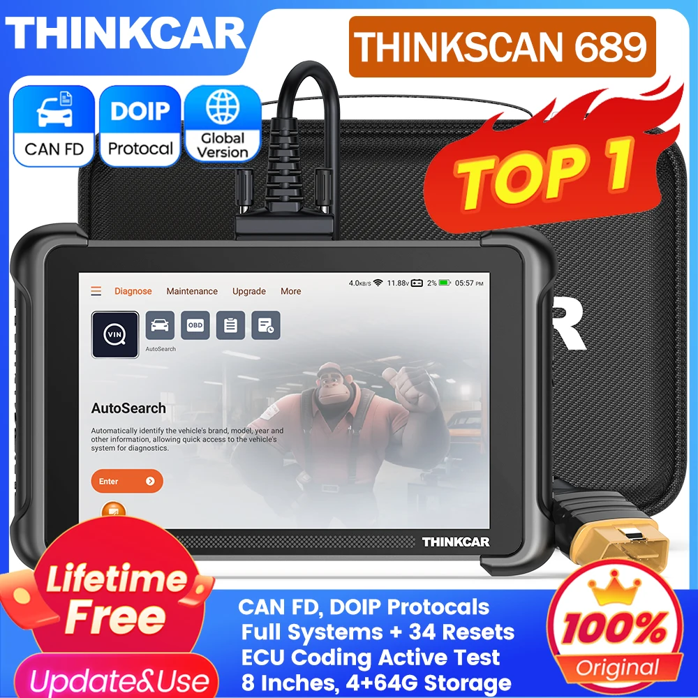 

THINKCAR THINKSCAN 689 OBD2 диагностический инструмент для автомобиля Полная диагностика системы CAN FD/DOIP Кодирование ЭБУ Активный тест 34 сброса OBD2 сканер пожизненное бесплатное использование и обновление