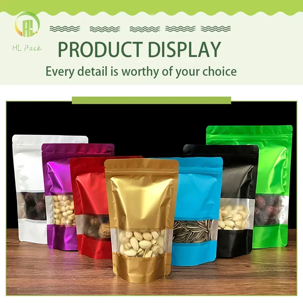 100pcs Self Standing Viewable Window Food Thickened Aluminum Foil Storage Candy Snacks Moisture-proof Sealed Mylar Bags Color