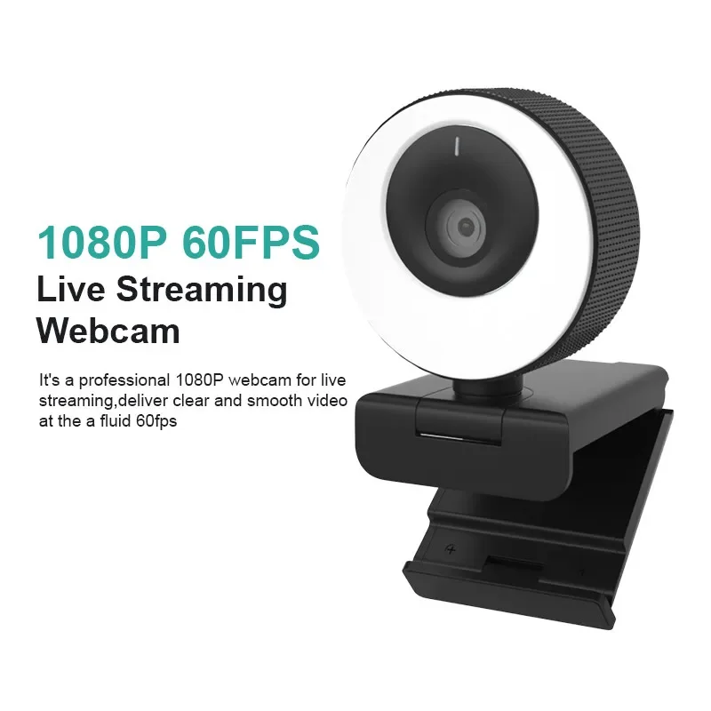 60FPS 1080P HD Webcam with Ring Fill Light for PC Video Conferences Live Broadcast Adjustable Perspective USB Computer Camera