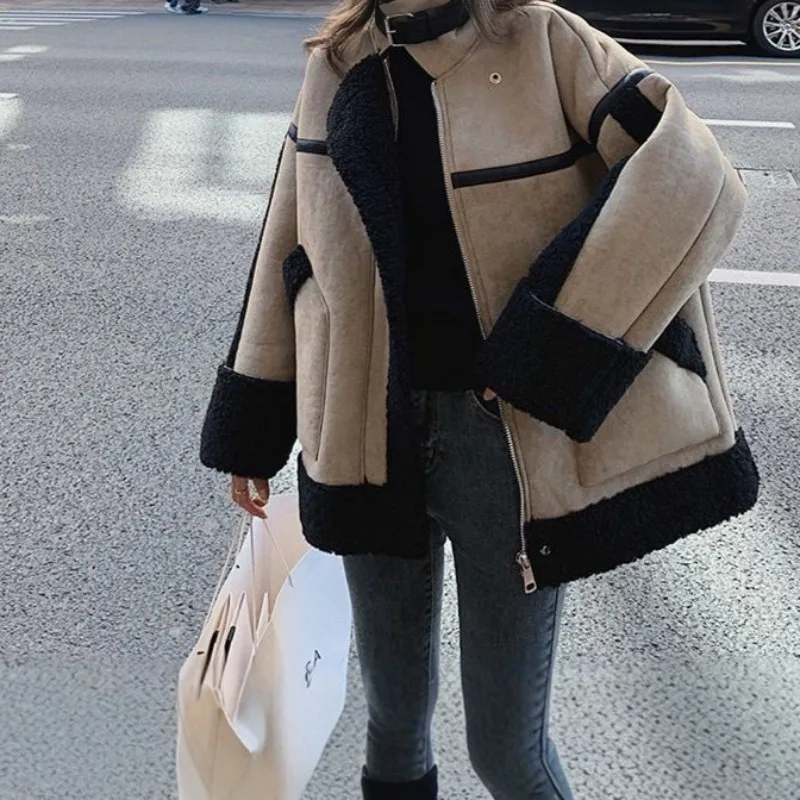 New Korean Style Loose Student Retro Motorcycle Suit for Autumn and Winter Outcoat A Thickened Fur Coat Imitating Lambskin Women